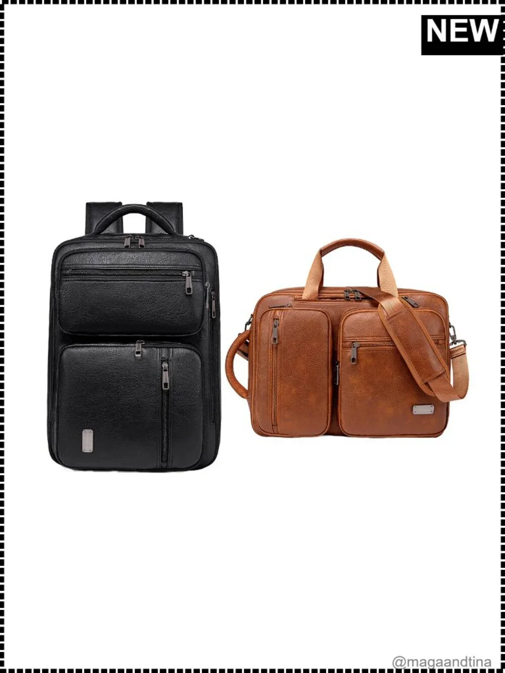 Vegan Leather 3-in-1 Convertible Laptop Backpack Briefcase Messenger Bag